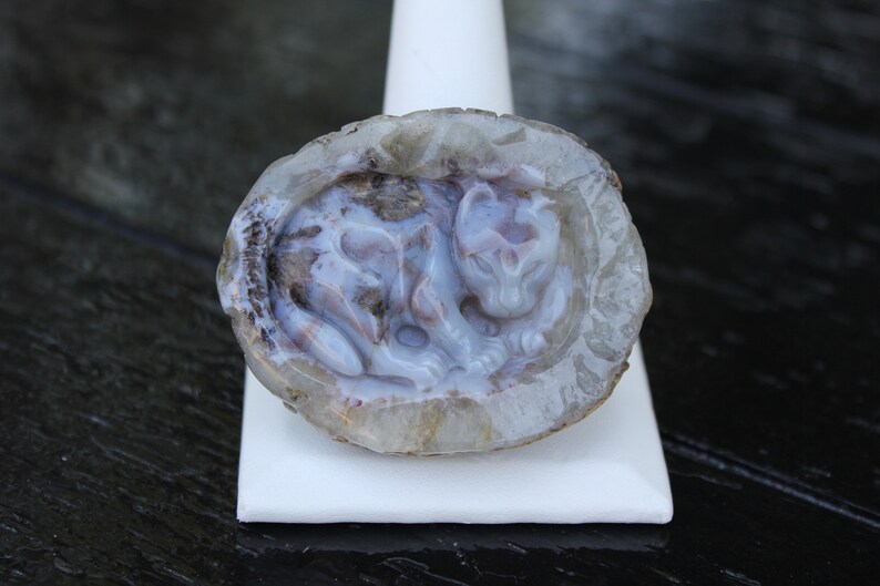 Hand Carved Natural Blue Agate Baby Leopard In Womb Geode Cabochon image 5