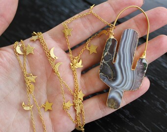 Gold Cactus Necklace: Agate Stalactite, Amethyst, Star Moon Chain