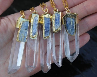 Kyanite & Clear Quartz Necklace: 24k Gold Electroplated Crystal Pendant