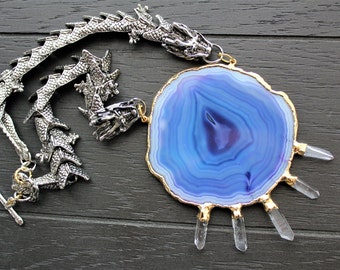 Dragon Necklace Dragon Jewelry Agate Slice Necklace Agate Jewelry Game Of Thrones Geode Necklace Geode Jewelry Statement Necklace Quartz