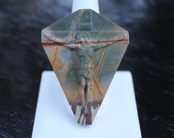 Religious Gothic Hand Carved Natural Jasper Lord And Savior On The Cross Diamond Cameo Cabochon