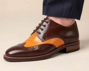 Handmade Men's Two-Tone Brown & Tan Leather Oxford Shoes | Wingtip Brogue Dress Shoes for Men | Gift For Him, Formal shoes, Office shoes