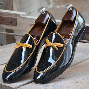 Handmade Black Patent Leather Loafers | Formal Dress Shoes for Men&#39;s | Bespoke Leather Slip-On | Gift For Him, Wedding shoes, party shoes