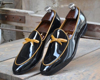 Handmade Black Patent Leather Loafers | Formal Dress Shoes for Men's | Bespoke Leather Slip-On | Gift For Him, Wedding shoes, party shoes