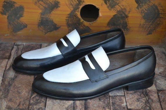 Handmade Black & White Leather Penny Loafers | Two Tone Dress Shoes for Men's | Formal Casual Slip On Shoes | Gift For Him, Wedding shoes