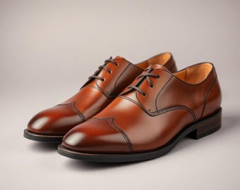 Handmade Tan & Brown Leather Oxford Shoes – Men's Formal Dress Shoes | Goodyear Welted | Gift For Him, Office shoes, Wedding Shoes, Formal
