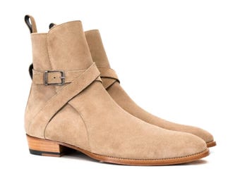 Botas Jodhpur de ante hechas a mano, botines beige para hombre con suela de cuero, calzado formal a medida, regalo para él, botas de fiesta, botas de boda.
