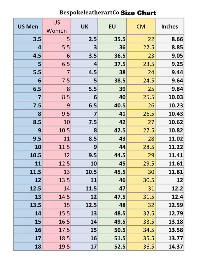 May include: A shoe size conversion chart from BespokeleatherartCo. The chart includes US Men's and Women's sizes, UK, EU, and CM measurements, with corresponding inch measurements. Sizes range from US Men's 3.5 to 18.