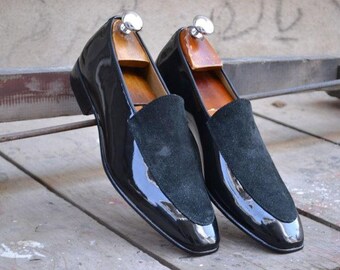 Handmade Men's Black Patent Leather & Suede Loafers – Luxury Men's Formal Slip On Shoes | Gift For Him, Wedding shoes, Office shoes