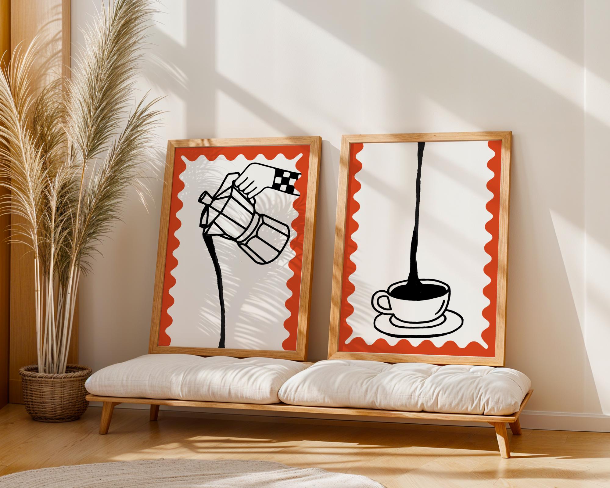 2 Set Coffee Art, Vertical Posters of Coffee Pot and Coffee Cup ...