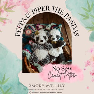May include: Two handmade crochet panda bears, one with a yellow flower and the other with a yellow bow, sit in a woven basket. The text "PEPPA & PIPER THE PANDAS" arches above them, with "No Sew Crochet Pattern" below. The background has floral accents.