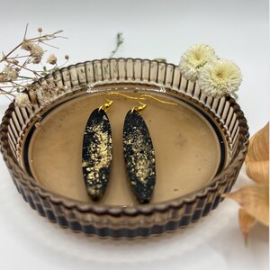 Black and Gold Oval Shimmer Earrings 2&quot;: Lightweight Earrings, Resin Jewelry, Black and Gold Earrings, Sparkle Earrings, Glitter Earrings