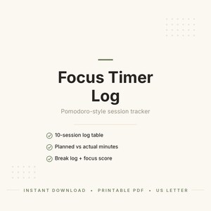 Fokus-Timer-Protokoll zum Ausdrucken, Pomodoro-Sitzungs-Tracker mit Pausenprotokoll, Produktivitätsplaner für ADHS (PDF)