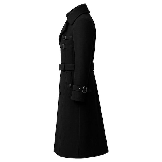 Handmade Black Wool Trench Coat — Long Double-breasted Overcoat
