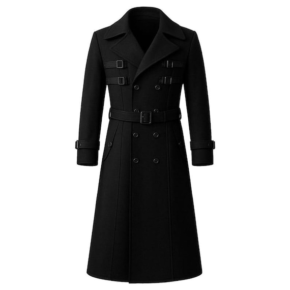 Handmade Black Wool Trench Coat — Long Double-breasted Overcoat