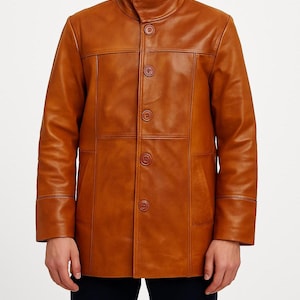 Handmade Vintage Brown Leather Coat | Men&#39;s Long Leather Jacket | Real Cowhide Trench Coat | Retro Style Winter Outerwear | Gift for Him