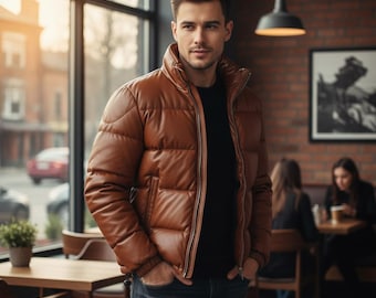 Herrjacka i puffläder | Handgjord vinterbomberjacka | Varma vadderade ytterkläder | Snygg streetwear-present till honom