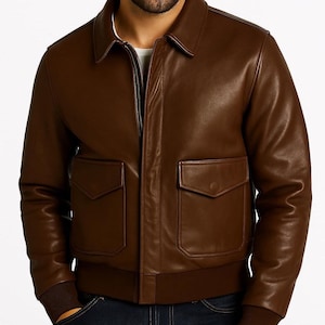Mens Brown Lambskin Leather Bomber Jacket |Genuine Leather Flight Jacket | Classic Retro Pilot Outerwear | A2 Brown Leather Jacket For Men