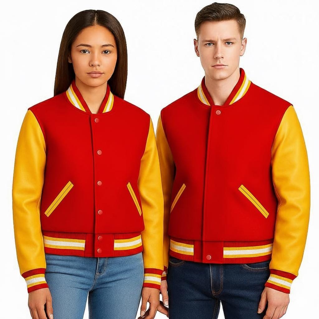 Red & Gold Embroidered Varsity Bomber Jacket – Vintage 80s Retro