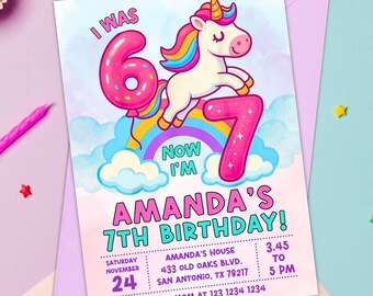 I Was 6 Now I’m 7 Birthday Invitation, 7th birthday unicorn invite, Editable 6 7 Meme invite for girls, Magical Party Invite Pastel rainbow