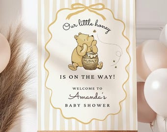 Classic Winnie the Pooh Shower Welcome Sign, Winnie Pooh Gender Neutral Baby Shower, Girl Boy Party Signage Classic Pooh Bear, Little honey