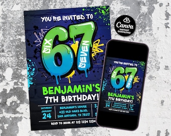 Invitación de cumpleaños con meme de Six Seven, invitación para el séptimo cumpleaños de un niño, invitación de cumpleaños para un niño de 6 años que ahora tiene 7, invitación de estilo de juego retro, meme de 67 píxeles