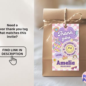 May include: A brown paper gift bag tied with twine, featuring a colorful thank you tag. The tag has a retro design with the words "Thank you", "Amelia", and the date 02.02.2025. The tag also includes a smiley face and other graphics.