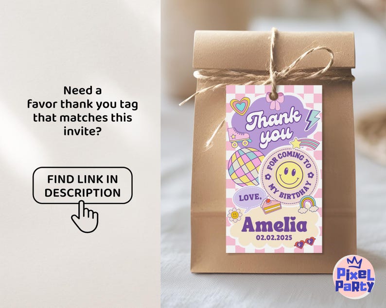 May include: A brown paper gift bag tied with twine, featuring a colorful thank you tag. The tag has a retro design with the words "Thank you", "Amelia", and the date 02.02.2025. The tag also includes a smiley face and other graphics.