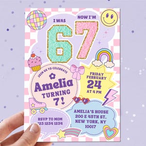 May include: A colorful birthday invitation with the text "I WAS 6, NOW I'M 7!" and "Amelia Turning 7!" The design includes a disco ball, cupcake, roller skate, rainbow, and heart. The invitation also includes the date, time, and address.