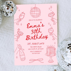 Cocktail birthday party invitation, Adult Invite digital, Hand drawn birthday invite, 21st, 30th, 40th, 50th Birthday invite editable