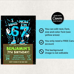 May include: A birthday invitation with a black background and blue accents. The invitation reads "I was 6, now I'm 7" with the name "Benjamin" and event details. The Canva logo is in the upper right corner.
