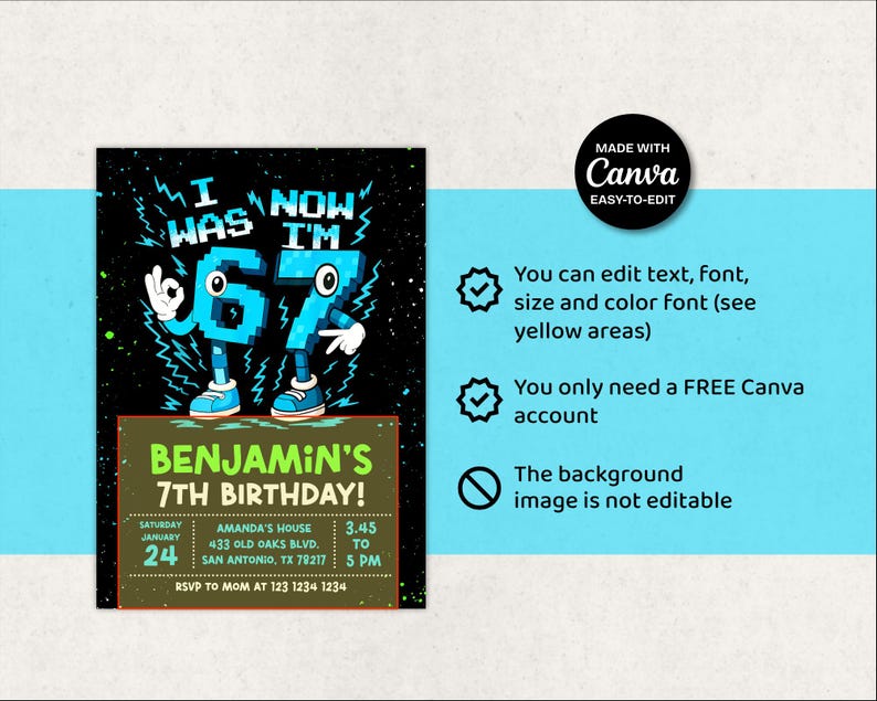 May include: A birthday invitation with a black background and blue accents. The invitation reads "I was 6, now I'm 7" with the name "Benjamin" and event details. The Canva logo is in the upper right corner.