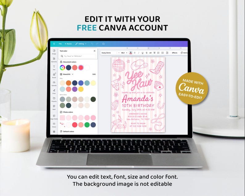 May include: A laptop displays a pink birthday invitation with a cowboy theme. The invitation includes the text "Yee Haw" and "Amanda's 10th Birthday." The screen also shows Canva's editing tools. The text "Edit it with your free Canva account" is at the top.