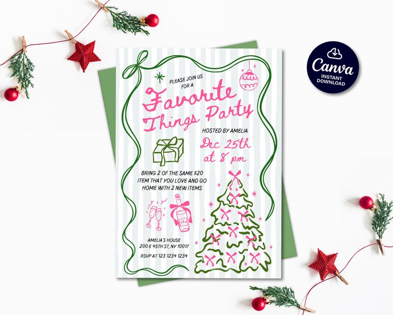 May include: A festive invitation for a "Favorite Things Party" with a green and pink color scheme. The invitation includes the text "Favorite Things Party," the date, time, and RSVP information. The design features a Christmas tree and gift illustrations.