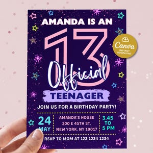 Invitation 13e anniversaire fille imprimable, invitation officielle d'anniversaire d'adolescent, invitation de fête néon modifiable, carte de treize anniversaire, lueur