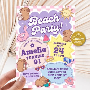 Capybara birthday invitation beach party, Pool Birthday party invite editable, Summer pool party, Groovy girl invitation printable, Preppy