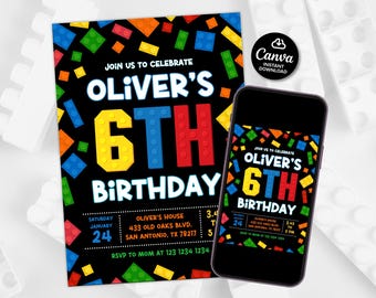 May include: A birthday invitation and a smartphone displaying the same design. The invitation and phone screen feature a black background with colorful block graphics. The text reads "Oliver's 6th Birthday" with event details.