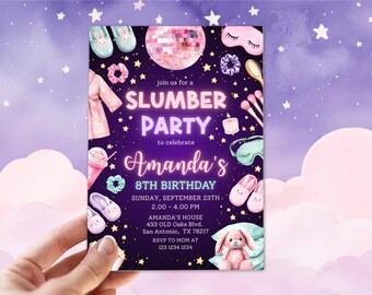 Slumber party invitation, Sleepover party birthday invitation tween, Spa Jama sleepover editable invitation, Glow digital invitation for
