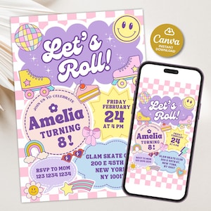 Rolschaats verjaardagsuitnodiging meisje, retro partij rolschaats verjaardagsuitnodiging bewerkbaar, uitnodiging Groovy meisje, uitnodiging Let's Roll