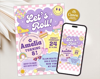 Roller Skate birthday invitation girl, Retro party roller skate birthday invitation editable, Groovy girl invitation, Let's Roll invitation