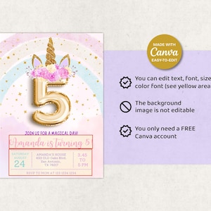 May include: A birthday invitation featuring a gold number 5 balloon with a unicorn horn and floral accents. The invitation includes the text "Amanda is turning 5" and event details. The design is set against a pastel rainbow background.