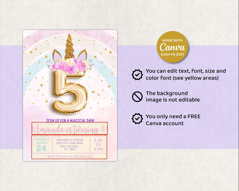 May include: A birthday invitation featuring a gold number 5 balloon with a unicorn horn and floral accents. The invitation includes the text "Amanda is turning 5" and event details. The design is set against a pastel rainbow background.