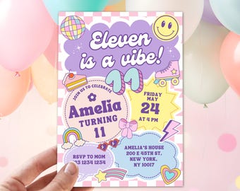 11th birthday invitation tween, 11 is a vibe invitation, Preppy invitation editable, Groovy digital invite, Eleven party invitation