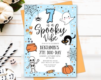 May include: A light blue Halloween-themed invitation with the text "7 is a Spooky Vibe." The invitation includes illustrations of a spider, ghost, black cat, pumpkin, and skeleton. The invitation is for Benjamin's 7th Boo-Day.