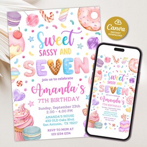 Sweet sassy and seven party invitation, 7th birthday invitation girl, Sweet to be seven invitation editable, donut party invite 7, Printable