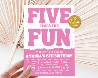 Invitación rosa "Cinco veces la diversión", invitación editable para el quinto cumpleaños de niña imprimible, invitación de quinto cumpleaños para niña, invitación rosa para niños de 5 años