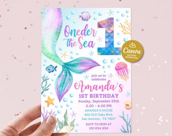 Oneder the sea mermaid invitations, 1st birthday invitations mermaid, Under the sea invitation for girl editable, Mermaid bash party invite