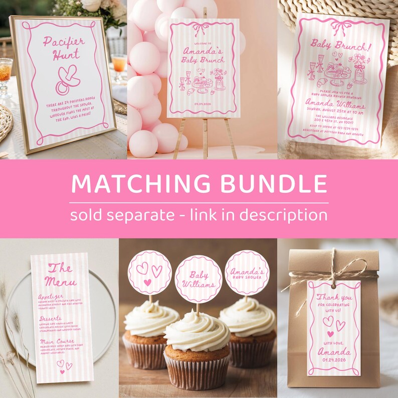 Girl baby shower brunch invite, Baby Shower Brunch invite with name, Hand Drawn Baby Sprinkle invite, Pink bow baby shower invitations image 2