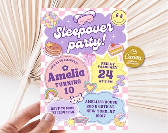 Sleepover party birthday invitation, Pajamas and pancakes party girl, sleepover invite tween, Preppy invitation, Groovy digital invitation