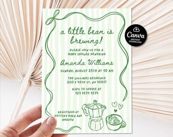 Inbjudningskort med strössel till en liten böna, Inbjudningskort för babyshower med kaffe, könsneutrala, redigerbar grön babyshowerinbjudan, café bebe